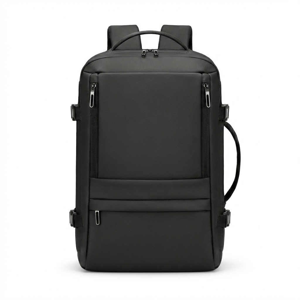 Rcrirth black carry-on travel backpack – front view suitcase-style luggage backpack with multiple zipper pockets