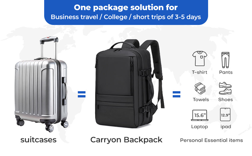 Why drag a suitcase when you can carry it? Our design matches the storage of a standard carry-on suitcase, fitting 3-5 days of clothes, shoes, and tech effortlessly.