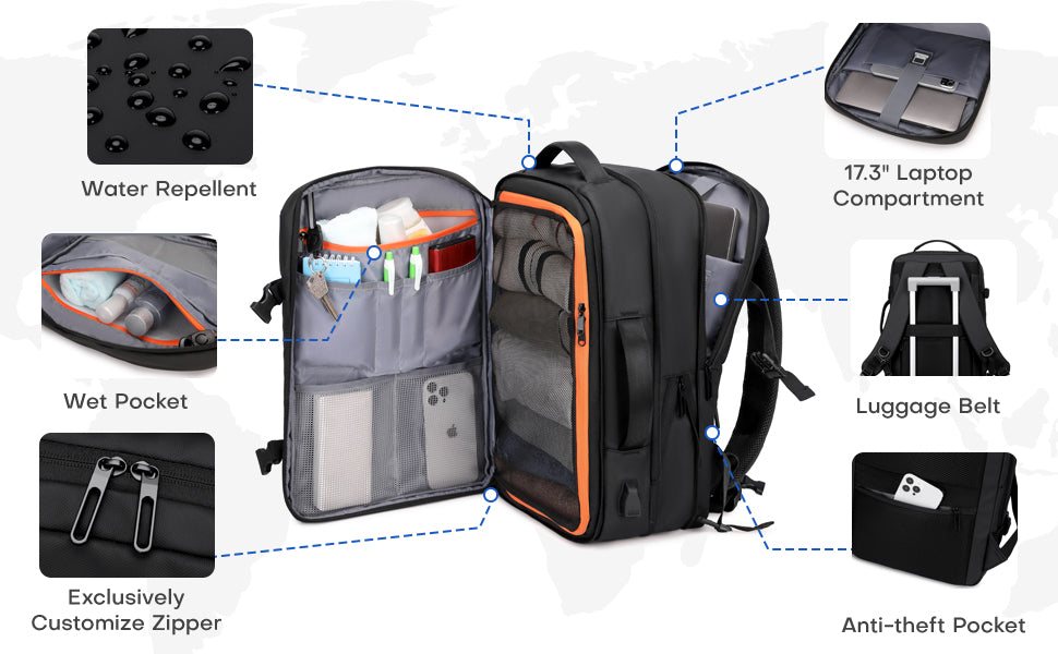 A place for everything. Features a 17.3" padded laptop sleeve, a wet pocket for toiletries, and water-repellent fabric to keep your gear safe.