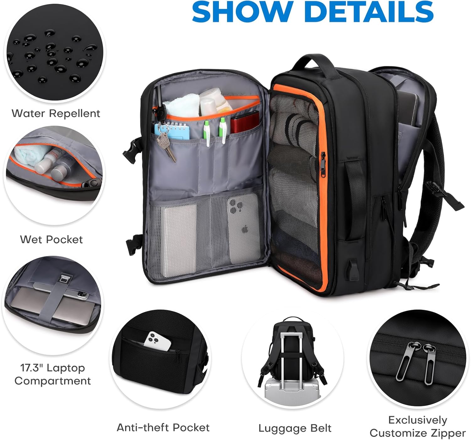 Infographic highlighting key features of Recrirth carry-on backpack such as water resistance, custom zippers, luggage belt, and padded laptop sleeve.