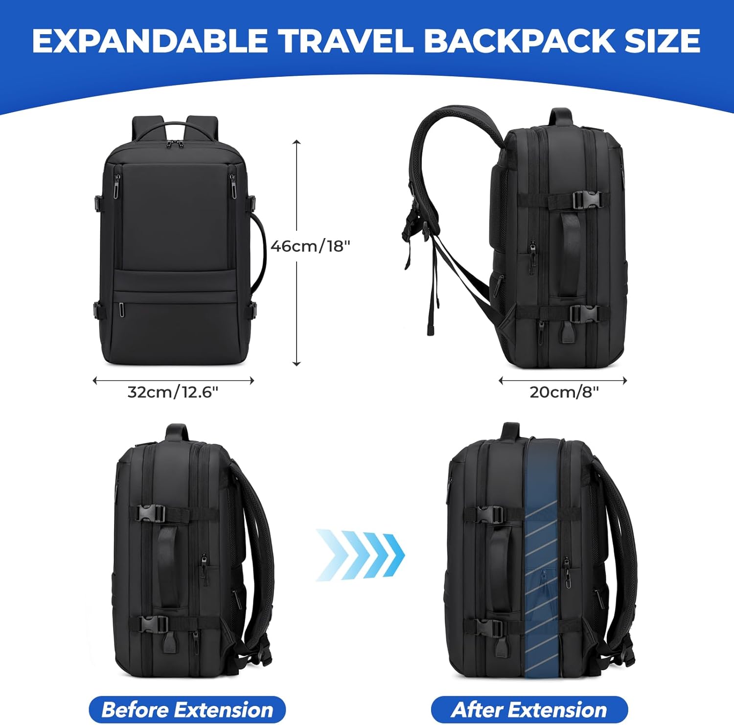 Technical diagram showing dimensions of Recrirth travel backpack illustrating the expandable zipper feature increasing depth from 20cm.