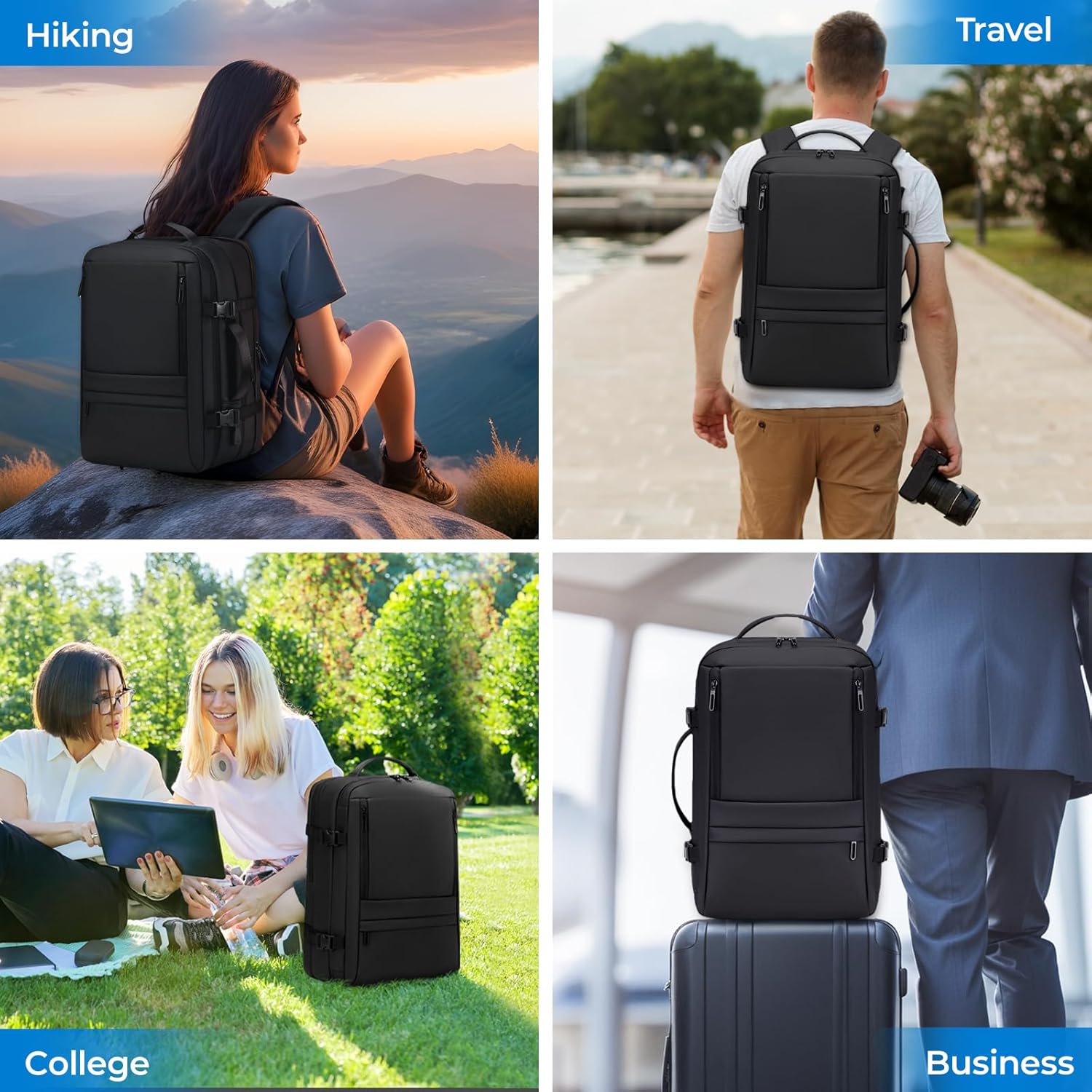 Lifestyle collage showing the versatility of the Recrirth backpack being used for hiking, outdoor travel, college campus life, and business commuting.